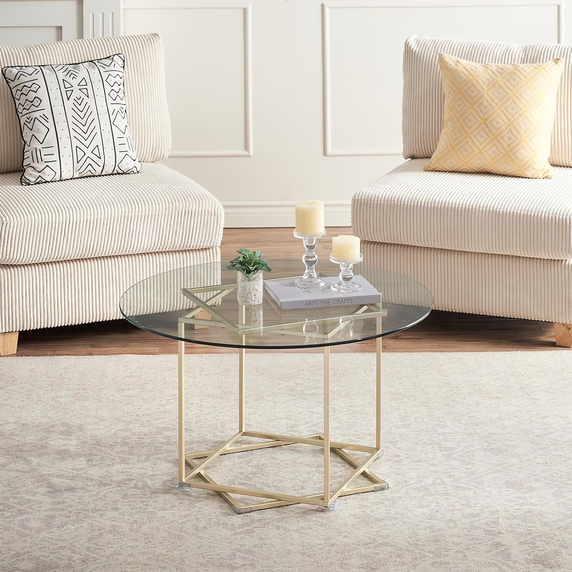 Round Glass Coffee Table, 80 cm Modern Clear Glass Table with Waterproof Tempered Glass, Gold Metal Frame for Home, Living Room, Bedroom - Ruke-CoffeeTable-FWS Round Glass Coffee Table, 80 cm Modern Clear Glass Table with Waterproof Tempered Glass, Gold Metal Frame for Home, Living Room, Bedroom - Ruke-CoffeeTable-FWS